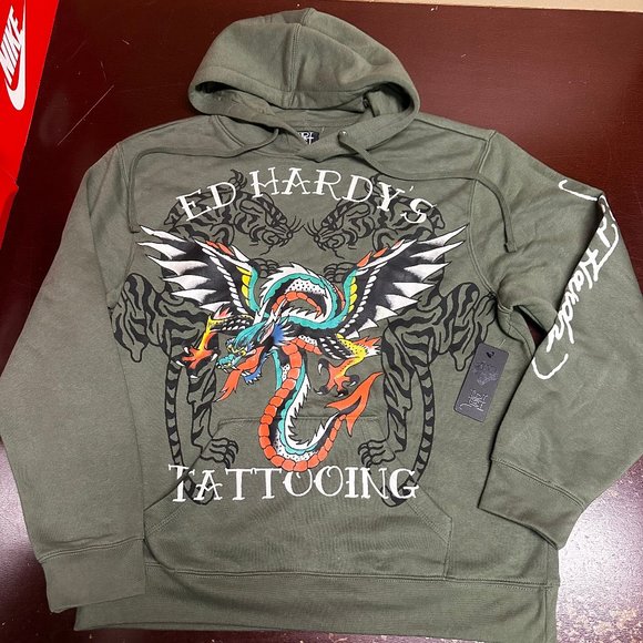 Ed Hardy Other - ED Hardy Mens Green Tattooing Animal Print Long Sleeve Pullover Hoodie Size L XL